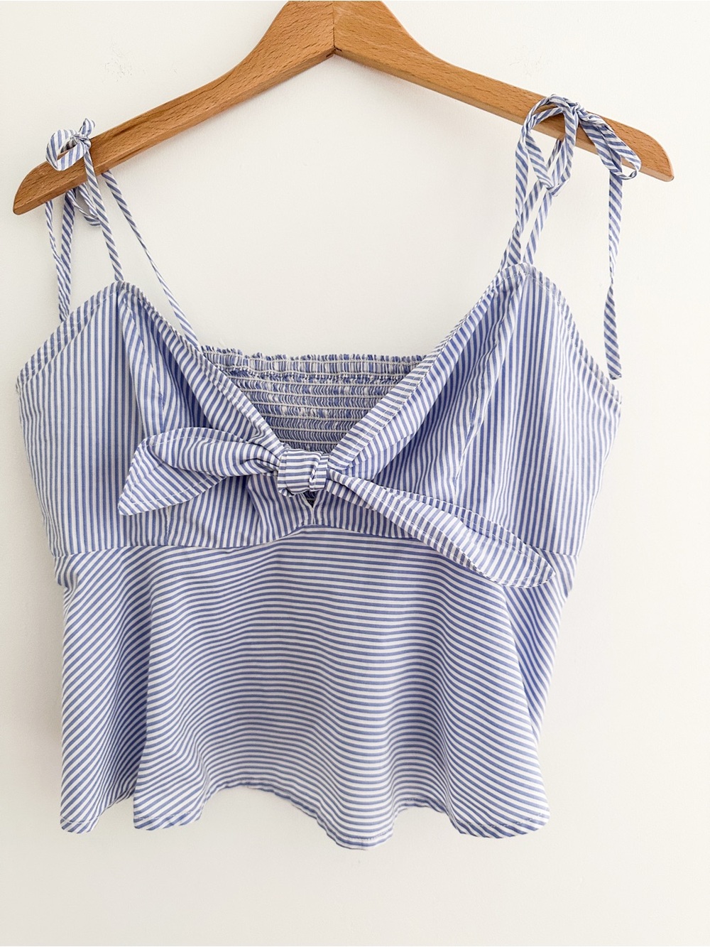 Maeve Anthropologie Blue Stripe Smocked Peplum Top Tie Front Cami Blouse Size 10 - Picture 4 of 8